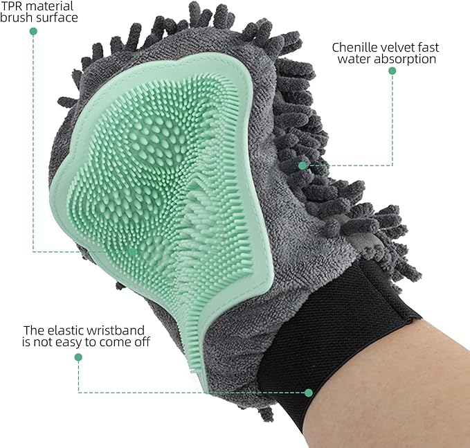 Histotree Dog Double-Sided Bath Glove Cleaning Massage Brush,Chenille Water Absorbing Gloves for Dogs and Cats,Pet Grooming Tool for Gentle Hair Removal