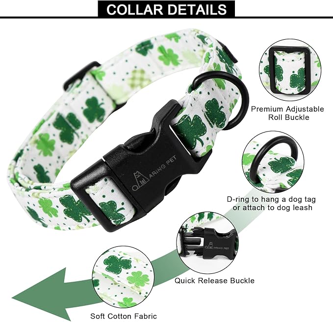 ARING PET St Patrick's Day Dog Collar, Cute White Clovers Pet Collars with Quick Release Buckle for Puppy Small Medium Large Boy Girl Dogs-L
