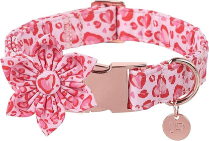 UP URARA PUP Valentine Dog Collar with Flower, Heart Flower Collar for Puppy Girl Boy Dog or Cat, Comfortable Dog Collar Flower with Durable Metal Buckle, Cute Pet Collar, M, Neck 13.5-22in