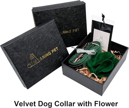 ARING PET Velvet Dog Collars, Dark Green Soft Pet Collar with Detachable Felt Flower Metal Buckle for Puppy Small Medium Large Boy Girl Dogs-XL