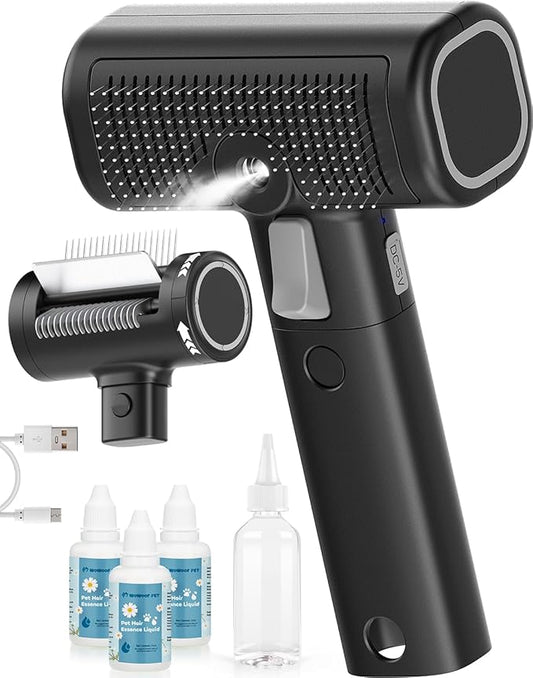 WOWOOF PET 5-in-1 Cat Hair Brush, Dog Grooming Steam Comb for Long Short Haired Indoor Cats Spritz Comb for Deshedding, Detangling, Pet Brush for Kitten Rabbit Massage, with 3 Essence Liquid