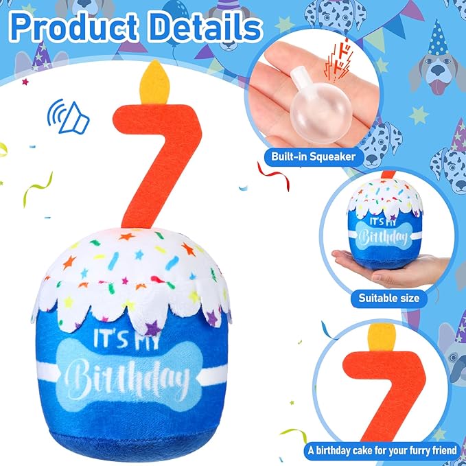 Dog Birthday Cake Toy Accessories for Girl Boy Gifts, Squeaky Plush Toy for Dog Birthday Party Decor Favor for Large, Medium and Small Dogs(7th,Blue)
