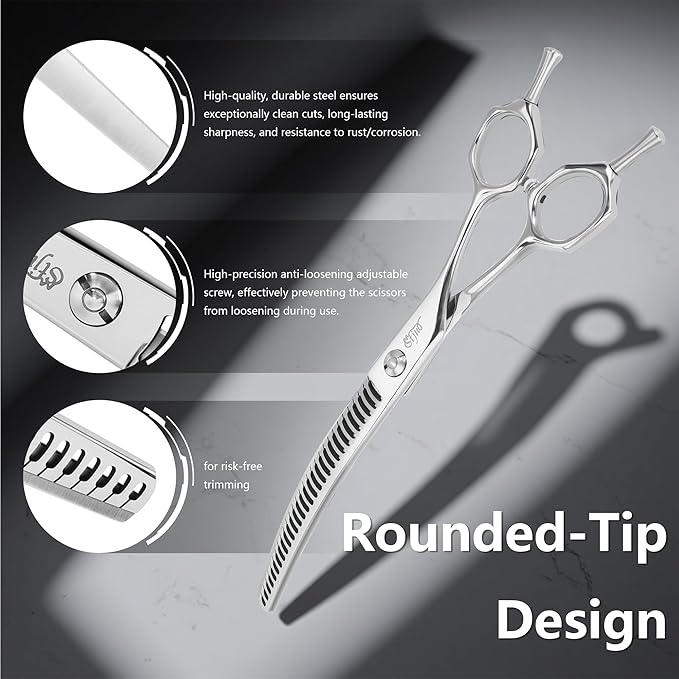 Stjuo Professional Dog Grooming Scissors, Japanese 440C Stainless Steel, 62 HRC Hardness (Curved Chunker, 7'')