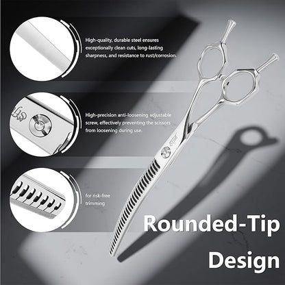 Stjuo Professional Dog Grooming Scissors, Japanese 440C Stainless Steel, 62 HRC Hardness (Curved Chunker, 7'')