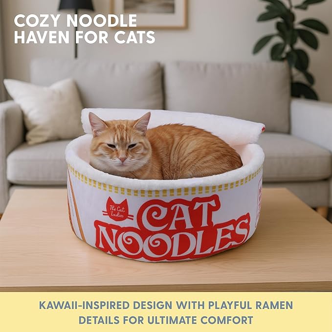 Cat Ladies Ramen Cat Bed - Cozy 5-Piece Soft Nest Set with Blanket Pillows and Teaser Toy - Compact Noodle Bowl-Themed Pet Beds & Furniture - Small Warm Indoor Cushion for Cats