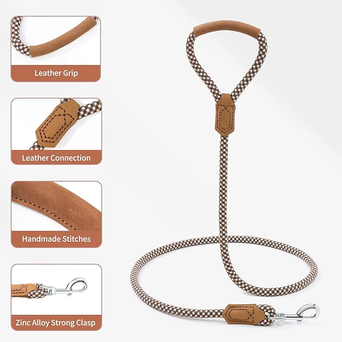 Mile High Life | Premium Leather Dog Leash | Strong Rope Leash | Leather Handle | Zinc Alloy Strong Clasp | Small Medium Large Dogs | 4/5/6 Feet(Brown, 60 Inch (Pack of 1))