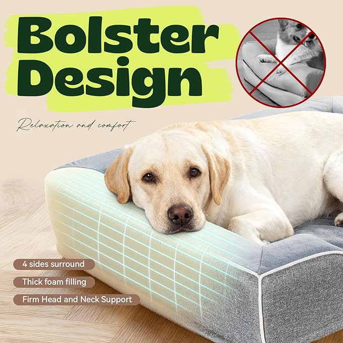 42 Inch XL Orthopedic Dog Bed for Large Dogs Up to 80lbs,Cooling Gel Memory Foam Dog Couch Bed with 4-Sided Bolster,Waterproof Washable Cover,Non-Slip Bottom,Grey