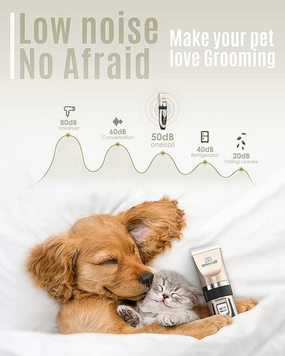oneisall Dog Clipper Low Noise, Dog Grooming Kit with Rechargeable, Pet Shaver Cordless Electric Quiet Hair Clipper Set for Dogs Cats Pets（Gold）
