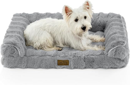 COZY KISS Faux Rabbit Fur Orthopedic Dog Bed, Dog Bed for Medium Size, Supportive Foam Pet Sofa with Waterproof Lining Cover, Washable U-Shaped Pet Couch with Anti-Slip Bottom, Grey M 30x20x6.5 inch