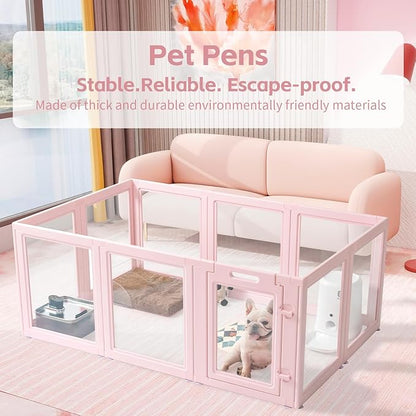 LoveTail DIY Clear Acrylic Dog Playpen House,Quick Easy Assembly and Disassembly,Strong Floor Suction,Indoor and Outdoor Use,Easy Cleansing Puppy Fence (Skin Pink, 23.6" H, 10PCS)