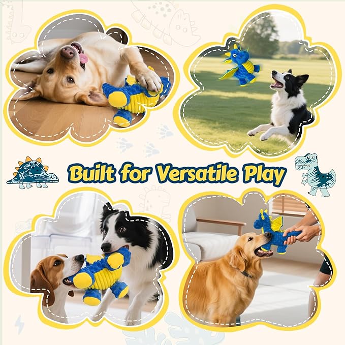 BBeary Squeaky Dog Toys - Soft Plush Dragon Dog Toy with 5 Squeakers & Crinkle Paper, Dog Toys for Small, Medium and Large Dogs (Blue,10")