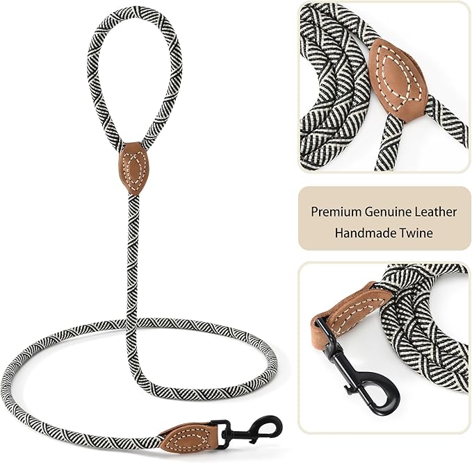 Mile High Life Rope Leash with Genuine Leather Connection, 6 FT/5 FT/4 FT, Heavy Duty Leash for Medium & Large Dogs (Black Beige, 60 Inch)