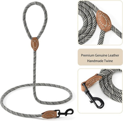 Mile High Life Rope Leash with Genuine Leather Connection, 6 FT/5 FT/4 FT, Heavy Duty Leash for Medium & Large Dogs (Black Beige, 60 Inch)