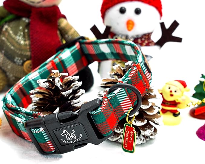 Elegant little tail Christmas Dog Collar, Red and Green Plaid Pet Collar Cotton Soft Winter Dog Collars Holiday with Quick Release Buckle Pet Puppy Collars for X-Small Dogs