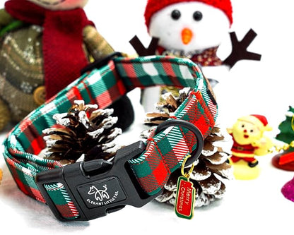 Elegant little tail Christmas Dog Collar, Red and Green Plaid Pet Collar Cotton Soft Winter Dog Collars Holiday with Quick Release Buckle Pet Puppy Collars for Large Dogs