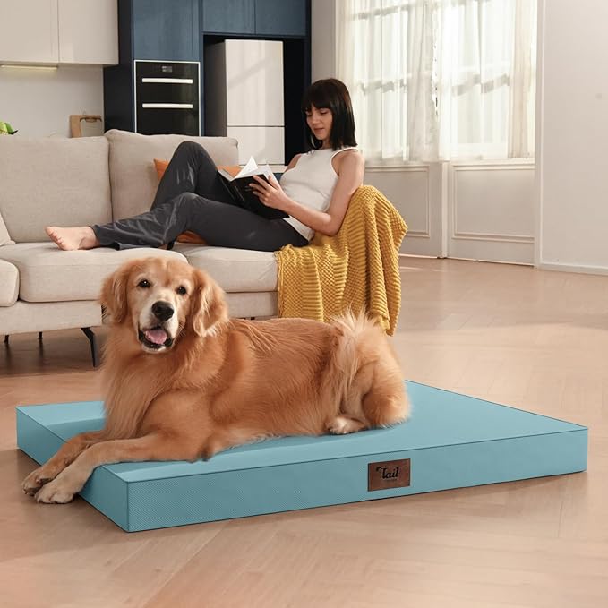 Tail Stories Outdoor Dog Bed for Small Dogs & Cats, Waterproof Dog Crate Mat Orthopedic Egg Crate Foam with Washable Removable Oxford Cover, Light Blue