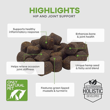 Only Natural Pet Hemp Hip & Joint Support for Dogs - Supplement for Mobility Wellness Pain Relief Healthy Inflammatory & Bone Stiffness - Chews w/Fatty Acid Blend Mussels & Turmeric - 60 Count (H/J)