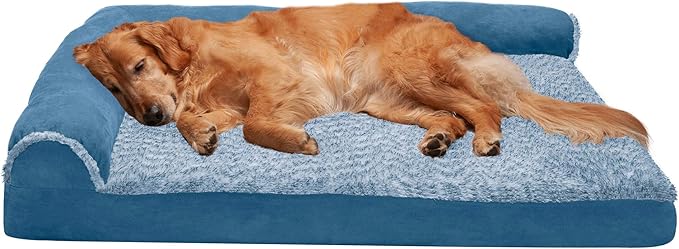 FurHaven Orthopedic Dog Bed for Large Dogs, L-Shaped Chaise Sofa with Orthopedic Egg Crate with a Solid Orthopedic Foam Base for Joint Support, Washable Cover, Jumbo XL, Faux Fur & Suede, Marine Blue
