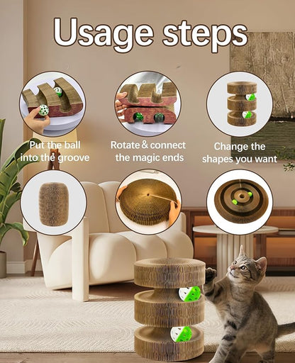 Kitty Kurlz Cat Toy, Magic Organ Cat Scratcher Board with 2 Bell Balls,Twisty Paws Cat Toy Foldable＆Changeable, Interactive Kitty Curls for Indoor Cats Physical & Mental Exercise-Coffee Brown
