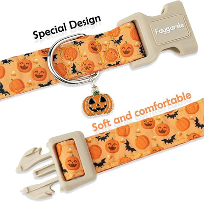 Faygarsle Halloween Dog Collar, Orange Pumpkin and Bat Pattern, Fall Festive Design for Small Medium Large Dogs L