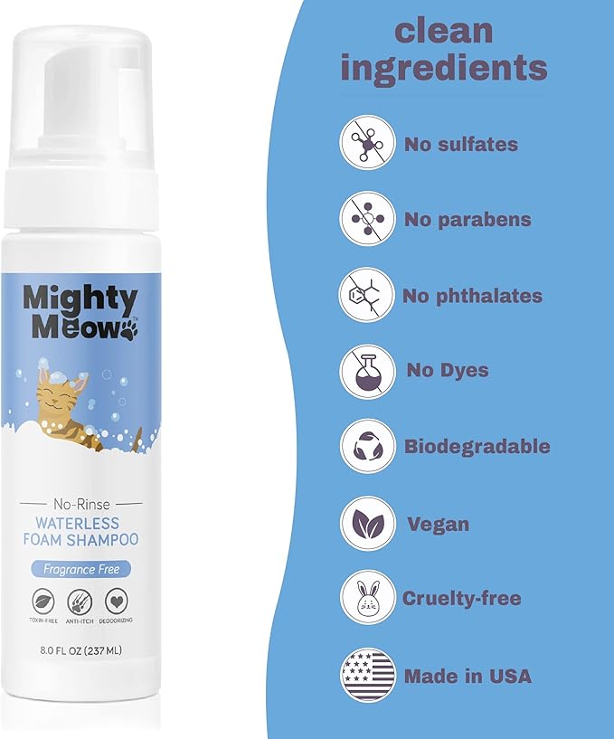 Mighty Meow Waterless Foam Shampoo for Cats - No Rinse, Dry Shampoo for Cats - Eliminates Odors - Gentle & Anti-Itch - Natural & Hypoallergenic Waterless Cat Shampoo – Fragrance Free - 8 fl oz