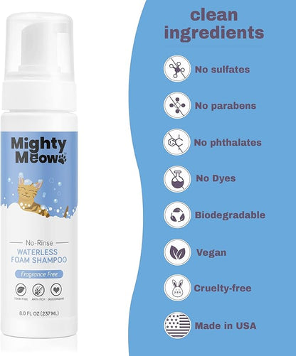Mighty Meow Waterless Foam Shampoo for Cats - No Rinse, Dry Shampoo for Cats - Eliminates Odors - Gentle & Anti-Itch - Natural & Hypoallergenic Waterless Cat Shampoo – Fragrance Free - 8 fl oz