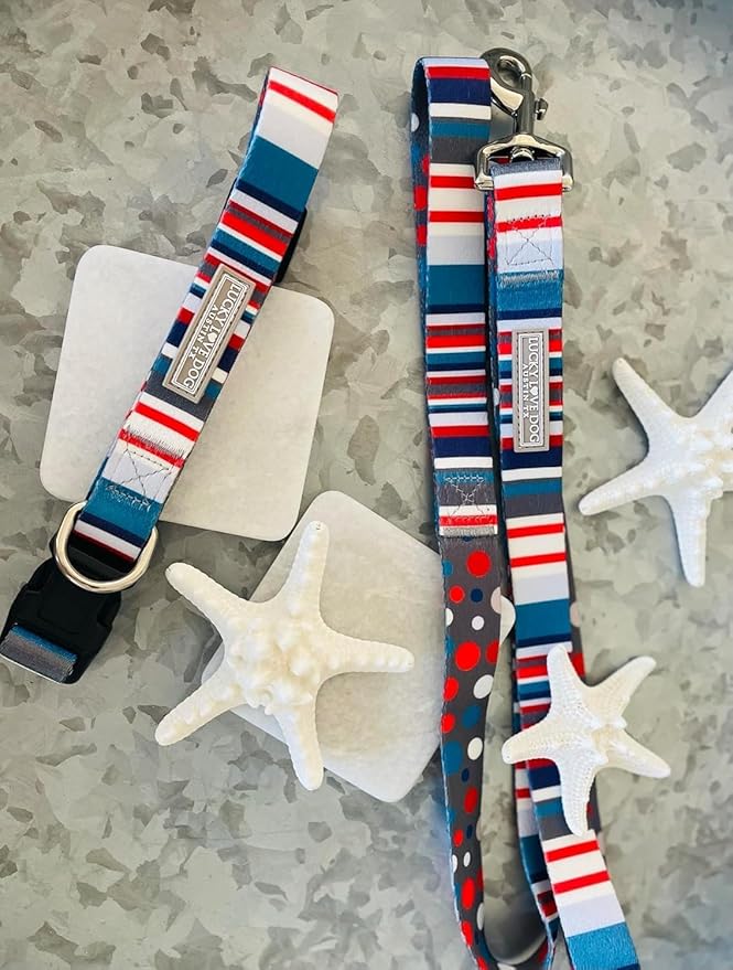Lucky Love Dog, Nautical Dog Leash, Polka Dot Blue Red White Striped for Male Female Dogs, Durable & Long Lasting Dog Leashes - (Large, Linus Leash)