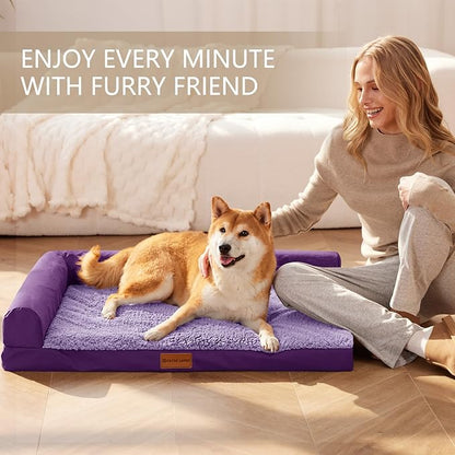 Patas Lague Orthopedic Dog Bed Medium Size Dog 30''X20'', Waterproof L Bolster Medium Pet Sofa Beds with Removable Washable Cover, Soft Comfortable Pet Couch Crate Mat with Nonskid Bottom, Purple
