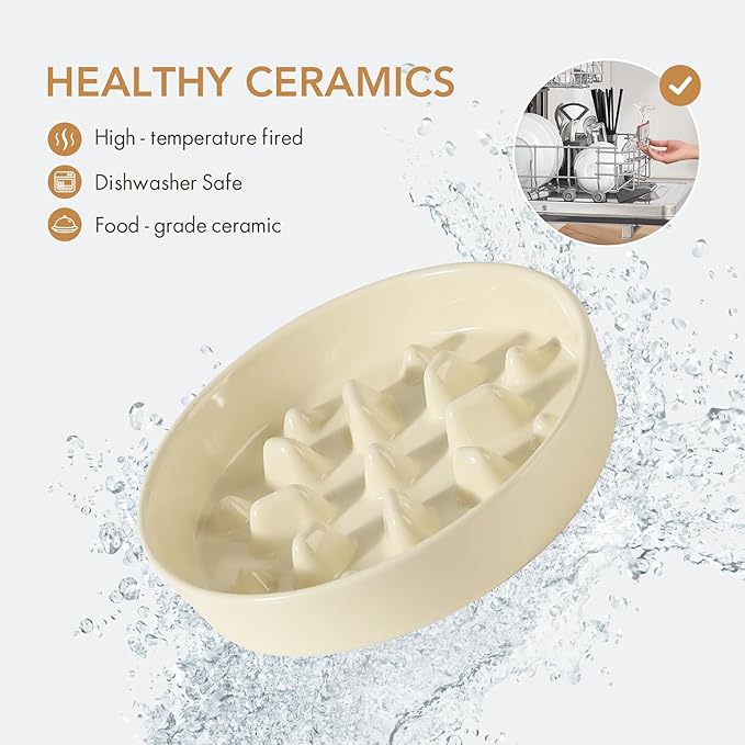 Ceramic 1.6 Cup Dog Raised Slow Feeder Set, Elevated Bowl with Wooden Stand for Medium and Large Dog, 8.2inch Slow Feeder Dish for Fast Easters, Anti-Gulping(Beige, Single Bowl+ Stand)