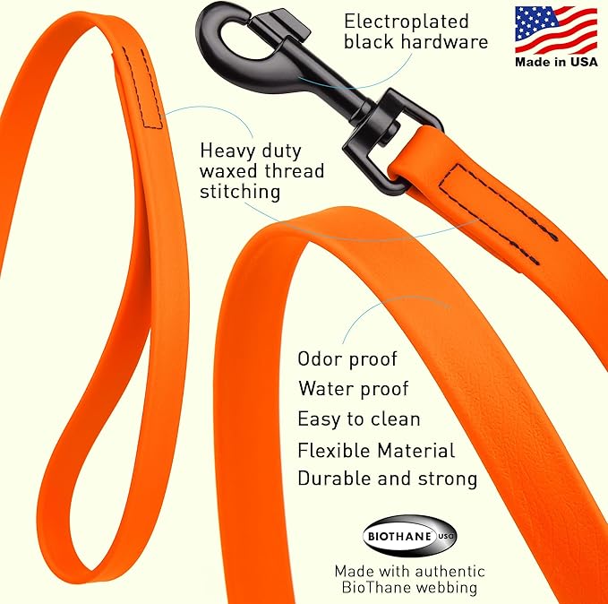 Dogline Biothane Waterproof Dog Leash Strong Coated Nylon Webbing with Black Hardware Odor-Proof Easy to Clean High Performance for Small or Large Dogs Made in USA 4 or 6 ft Lead, Hunter Orange