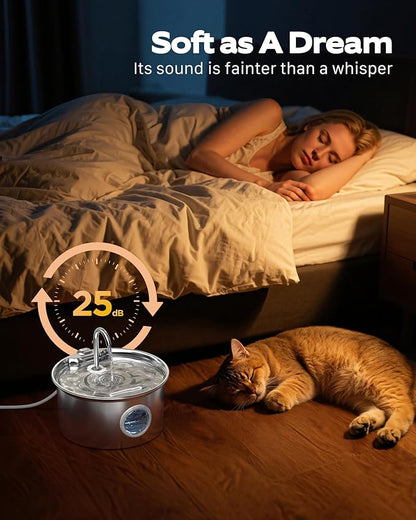 Pet Water Fountain Stainless Steel: Mental Cat Water Fountains with 8 Filters + 8 Sponges - 88oz/2.6L Noiseless Cats Waterer Bowl Dispenser - ATMZIQXR Kitten Drinking Fountains for Cats Indoor