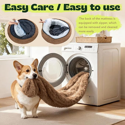 Waterproof Memory Foam Dog Beds for Large Dogs Machine Washable,Round Plush Anxiety Orthopedic Bolster Pet Bed with Removable Cover,Fluffy Donut Calming Sofa to Care Arthritis 42 Inch,Camel