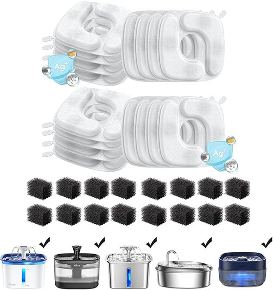 Veken Cat Water Fountain Filters, 16 Pack Replacement Filters & 16 Pack Replacement Pre-Filter Sponges Set for 50oz, 84oz, 95oz or 108oz Automatic Pet Fountain Dog Water Dispenser