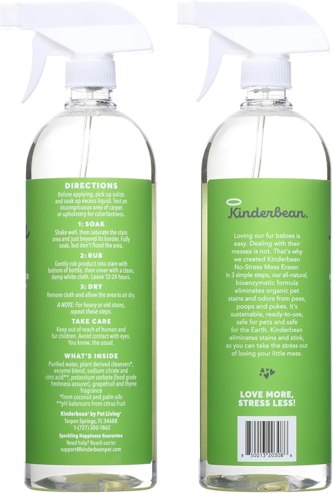 Kinderbean Dog & Cat Urine Stain and Odor Eliminator for Carpet, Upholstery, Hard Floors - 2-Pack 32 oz., Grapefruit & Thyme Scent, Enzyme Bio-Active Formula with Squeeze and Spray Top