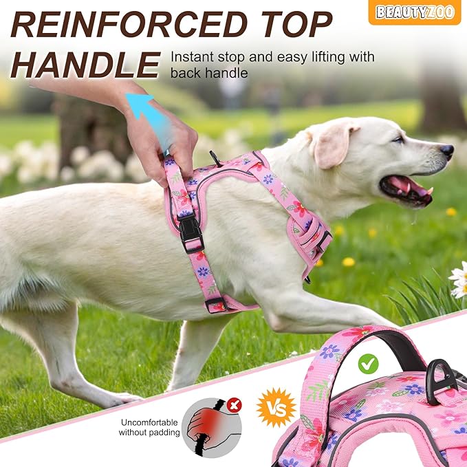 BEAUTYZOO No Pull Dog Harness and Leash Set with 2 Metal Leash Clips - Overhead-Free 3 Snap Buckles Design, Adjustable No-Choke Soft Padded Reflective Oxford Pet Vest for Small Medium Large Dogs, Pink