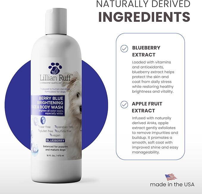 Lillian Ruff PRO Formula Berry Blue Brilliance Bundle - Ultimate Tear Stain & Odor Eliminator Set, Includes Berry Blue Shampoo, Conditioner & Waterless Shampoo, Hydrate, Soften & Detangle, USA Made
