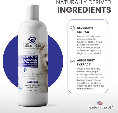 Lillian Ruff PRO Formula Berry Blue Brilliance Bundle - Ultimate Tear Stain & Odor Eliminator Set, Includes Berry Blue Shampoo, Conditioner & Waterless Shampoo, Hydrate, Soften & Detangle, USA Made