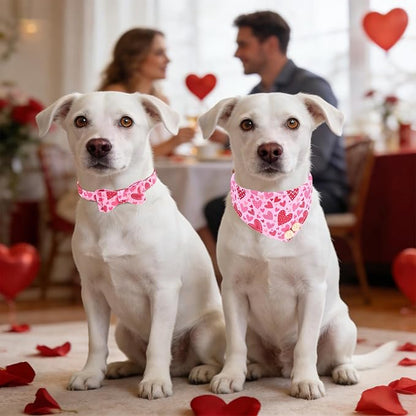 KOOLTAIL Valentine’s Day Dog Collar and Leash Set with Bowtie and Bells,Cute Puppy Bandana Collar and Leash for Girl with Pink Heart Pattern,Soft Leather Tangle Free Leashes for Small Dogs,Cats