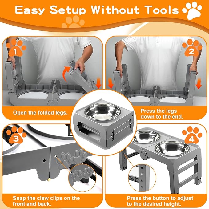Elevated Dog Bowls for Large Dogs 5 Adjustable Heights 7.5"-15.4", 2 X-Large 10” Stainless Steel Bowls, Heavy Duty Raised Dog Bowl Stand Foldable Pet Feeder for Dogs Shoulder Height Over 15”, Grey