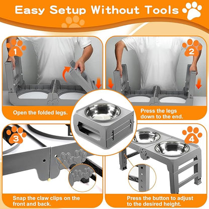 Elevated Dog Bowls for Large Dogs 5 Adjustable Heights 7.5"-15.4", 2 X-Large 10” Stainless Steel Bowls, Heavy Duty Raised Dog Bowl Stand Foldable Pet Feeder for Dogs Shoulder Height Over 15”, Grey
