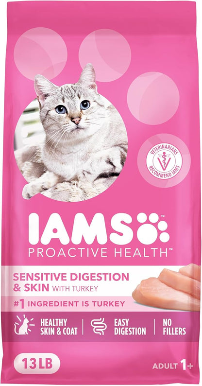 IAMS Proactive Health Adult Sensitive Digestion & Skin Dry Cat Food with Turkey, 13 lb. Bag