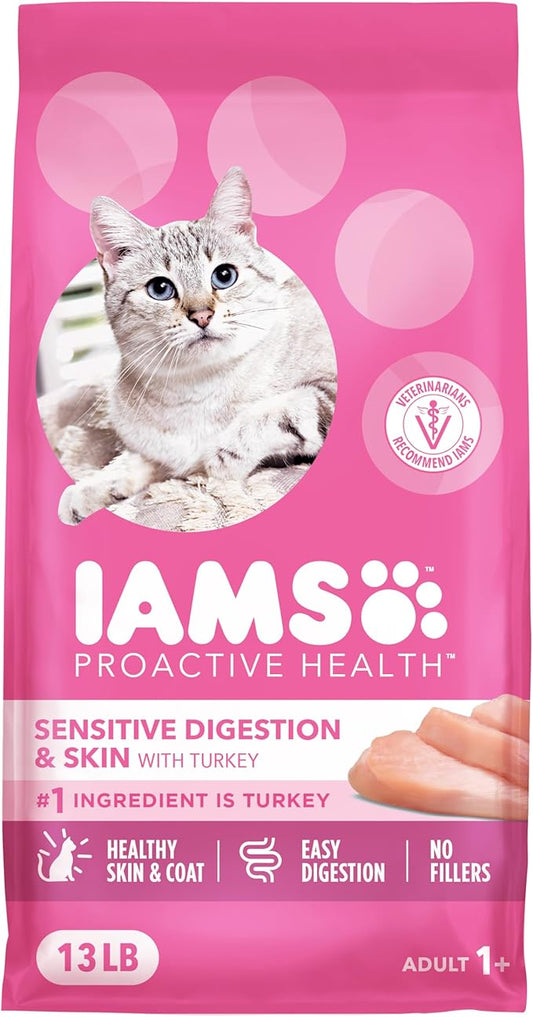 IAMS Proactive Health Adult Sensitive Digestion & Skin Dry Cat Food with Turkey, 13 lb. Bag