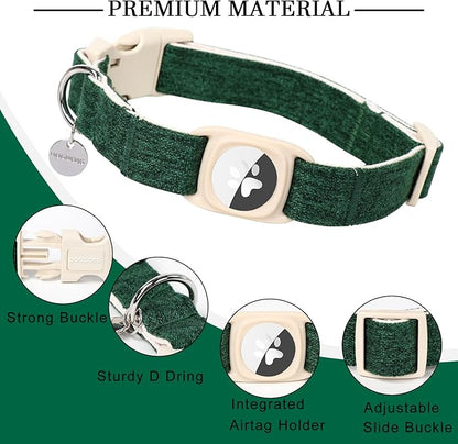 DOGWONG Cotton Hemp Dog Collar, Heavy-Duty with Airtag Holder, Christmas Green, Natural Durable Material, for Small Medium Large Dogs