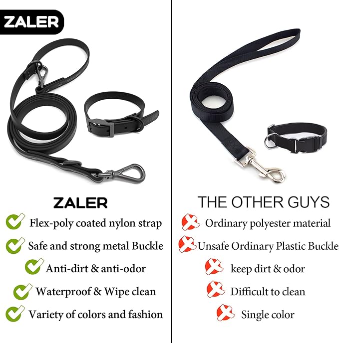 ZALER Dog Collar and Leash Set, Waterproof Adjustable Odor Proof Pet Collars Leashes Easy to Clean, 6FT Dog Leash with 2 Hooks for Large, Medium Small Dogs (S, Black)