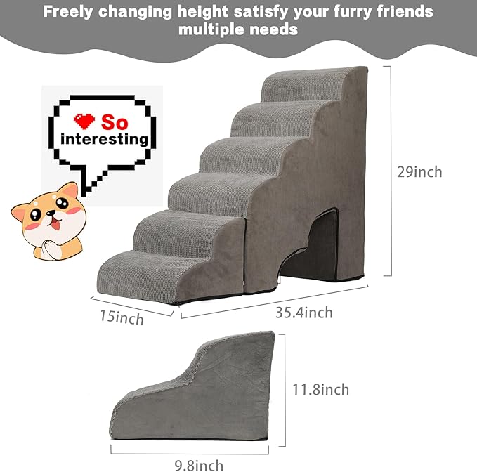 MALOROY Dog Stairs for High Beds 25-30 inches Tall, 6-Step Dog Steps for High Bed for Doggies/Kitties, 30D Foam Pet Stairs Steps for Small Dogs, Doggie Ramp/Ladder for Old Dogs/Cats, Grey
