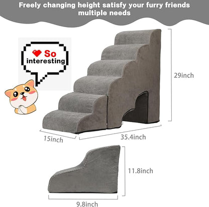 MALOROY Dog Stairs for High Beds 25-30 inches Tall, 6-Step Dog Steps for High Bed for Doggies/Kitties, 30D Foam Pet Stairs Steps for Small Dogs, Doggie Ramp/Ladder for Old Dogs/Cats, Grey