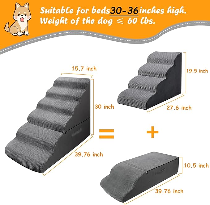 Dog Stairs&Steps for 30 Inches High Bed Up to 30-36 Inch Tall, Pet Cat Ramp Ladder for Small Dogs, Doggie, Old Cats, Kitty, Small Animals Grey No Assembly Required