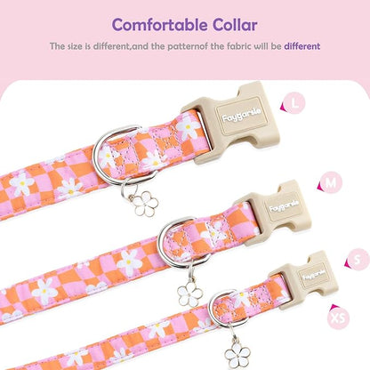 Faygarsle Floral Dog Collar, Pink and Orange Pattern with White Flowers, Spring Summer Design for Small Medium Large Dogs S