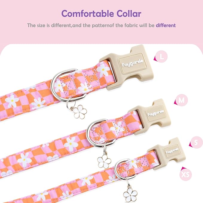 Faygarsle Floral Dog Collar, Pink and Orange Pattern with White Flowers, Spring Summer Design for Small Medium Large Dogs L