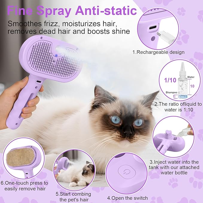 Dog Brush Cat Brush for Shedding, Pet Spray Steam Brush for Dogs Cats,Anti-Static Hair Removal Grooming Comb Long Short Haired Pets Barber Tool,purple
